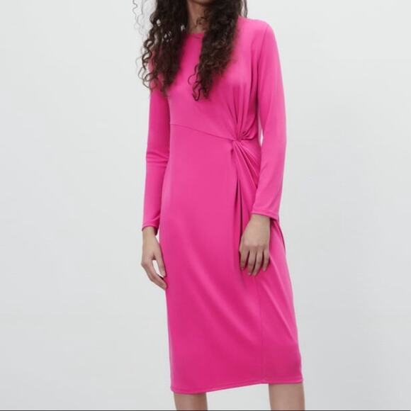 Zara Pink Long Sleeve Midi Dress w/Front Tie NWT Size Small - Picture 1 of 8